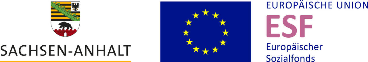 Hier investiert Europa in die Zukunft unseres Landes Signet Land Sachsen-Anhalt, EU-Logo und ESF-Logo